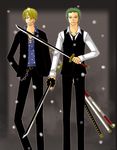  2boys blonde_hair green_hair male male_focus multiple_boys one_piece one_piece:_strong_world roronoa_zoro sanji suit 