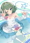  ;) blue_eyes blush breasts collarbone cure_slum detached_sleeves dress flower green_hair highres idolmaster idolmaster_cinderella_girls looking_at_viewer md5_mismatch mole mole_under_eye one_eye_closed shoes small_breasts smile solo star takagaki_kaede tiara w white_legwear 