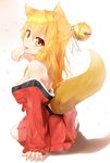  :p animal_ears back bare_shoulders bell blonde_hair breasts fox_ears hair_bell hair_ornament hair_ribbon highres japanese_clothes jingle_bell kimono long_hair looking_at_viewer medium_breasts off_shoulder original paw_pose ribbon shiron_(e1na1e2lu2ne3ru3) solo tail tongue tongue_out 