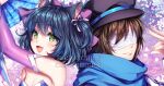  2boys :d animal_ears arm_at_side arm_up armpit_crease artist_name back-to-back bandages bandages_over_eyes black_hat blue_hair blue_scarf brown_hair cat_ears character_request closed_mouth commentary commission detached_sleeves english_commentary english_text fang fingernails green_eyes hair_between_eyes hair_ribbon hand_fan hands_up hat holding holding_fan long_sleeves multiple_boys one_side_up open_mouth otoko_no_ko portrait purple_sleeves ribbon ryoune_yami sasucchi95 scarf short_hair simple_background skin_fang smile tongue utau white_ribbon 
