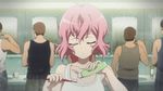  1girl animated animated_gif daisan_hikou_shoujo-tai multiple_boys pink_eyes pink_hair shirobako short_hair surprised tank_top toothbrush 