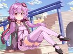 blue_sky cloud crossed_legs day dress hair_ornament hood hooded_jacket jacket long_hair long_sleeves ominaeshi_(takenoko) open_clothes open_jacket petals pink_dress pink_eyes pink_hair pink_legwear sitting sky smile solo thighhighs town twintails very_long_hair vocaloid voiceroid yuzuki_yukari zettai_ryouiki 