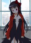  :o absurdres akemi_homura akuma_homura black_hair bow dress hair_bow highres jacket long_hair mahou_shoujo_madoka_magica mahou_shoujo_madoka_magica_movie no_panties red_eyes sat-c solo spoilers track_jacket window 