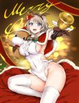  1girl :d antlers bell blue_eyes breasts brown_gloves brown_hair capelet center_frills christmas commentary_request covered_navel eyebrows_visible_through_hair fake_horns frilled_leotard frills fur-trimmed_capelet fur-trimmed_hat fur_trim gloves hair_ornament hat highleg highleg_leotard highres holding holding_stuffed_animal kamishiro_ryuu large_breasts leotard looking_at_viewer love_live! love_live!_sunshine!! merry_christmas open_mouth red_capelet red_hat reindeer_antlers round_teeth short_hair sideboob sitting smile stuffed_animal stuffed_toy tareme teeth thighhighs uchicchii upper_teeth watanabe_you white_legwear white_leotard 