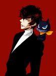  amamiya_ren animal animal_on_shoulder bad_id bad_pixiv_id black_hair blue_eyes cat flat_color grin male_focus morgana_(persona_5) persona persona_5 red_background simple_background smile solo tenta_(stardust) yellow_eyes 
