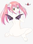  absurdres artist_request ass back breasts demon_wings ebola-chan fang flower from_behind hair_flower hair_ornament highres lilac looking_at_viewer nude original pale_skin personification pink_hair sidelocks sitting sketch small_breasts twintails wariza wings yellow_eyes 