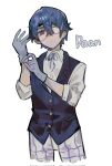  1boy adjusting_clothes adjusting_gloves akasasachii black_vest blue_eyes blue_hair blue_ribbon buttons character_name closed_mouth collared_shirt commentary cropped_legs daan_(fear_&amp;_hunger) eyepatch fear_&amp;_hunger fear_&amp;_hunger_2:_termina gloves grey_gloves hands_up highres long_sleeves looking_at_viewer medical_eyepatch neck_ribbon pants plaid_clothes plaid_pants ribbon shirt short_hair simple_background sleeves_rolled_up solo standing symbol-only_commentary vest white_background white_pants white_shirt 