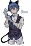  1boy adjusting_clothes adjusting_gloves akasasachii animal_ears black_tail black_vest blue_eyes blue_hair blue_ribbon buttons cat_ears cat_tail character_name closed_mouth collared_shirt commentary cropped_legs daan_(fear_&amp;_hunger) eyepatch fear_&amp;_hunger fear_&amp;_hunger_2:_termina gloves grey_gloves hands_up highres kemonomimi_mode long_sleeves looking_at_viewer medical_eyepatch neck_ribbon pants plaid_clothes plaid_pants ribbon shirt short_hair simple_background sleeves_rolled_up solo standing symbol-only_commentary tail vest white_background white_pants white_shirt 