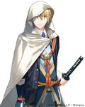  blonde_hair cloak commentary_request company_name dated green_eyes jpeg_artifacts katana looking_at_viewer male_focus md5_mismatch necktie nitroplus official_art simple_background solo sword toichi_(ik07) touken_ranbu watermark weapon white_background yamanbagiri_kunihiro 