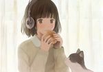  bangs black_eyes blunt_bangs bread brown_hair cat eating food headphones kurumipan md5_mismatch nakamura_hinata original short_hair solo sweater upper_body 