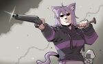  1girl absurdres ahoge animal_ear_fluff animal_ears bandaged_hand bandages baseball_bat black_hoodie cat_ears cat_girl cat_tail cocomayo29_(tomato) commentary_request double-barreled_shotgun gun highres holding holding_baseball_bat holding_gun holding_weapon hololive hood hoodie korean_commentary long_sleeves mad_max mad_max:_fury_road nekomata_okayu nekomata_okayu_(1st_costume) onigirya_(nekomata_okayu) over_shoulder parody purple_hair scene_reference shotgun solo tail upper_body virtual_youtuber weapon weapon_over_shoulder 