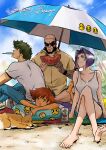  2boys 2girls :o absurdres arm_support ass bald bare_shoulders barefoot beach beach_towel beach_umbrella beard beer_can bike_shorts black_hair black_wristband blue_pants blue_shorts blue_sky blunt_ends bob_cut breasts brown_dog brown_eyes can closed_mouth cloud collarbone collared_shirt copyright_name cowboy_bebop crossed_legs dark-skinned_female dark_skin denim dog drink drink_can eating edward_wong_hau_pepelu_tivrusky_iv ein_(cowboy_bebop) facial_hair faye_valentine foliage food food_bite food_in_mouth fruit full_body green_eyes green_hair hair_intakes hairband highres holding_watermelon innertube inverted_bob jeans jet_black knees_up large_breasts light_smile lying mechanical_arms messy_hair mouth_hold multiple_boys multiple_girls muscular muscular_male on_ground on_stomach open_mouth palm_tree pants pink_hairband popsicle popsicle_in_mouth purple_hair purple_shorts red_hair sand shirt short_hair short_shorts short_sleeves shorts single_mechanical_arm skirt sky sleeveless soles spike_spiegel sunglasses swim_ring t-shirt tank_top tobalin toe_scrunch toes tomboy towel tree umbrella watermelon watermelon_slice welsh_corgi white_shirt white_tank_top yellow_skirt 