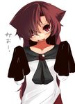  animal_ears blush brooch brown_hair fang imaizumi_kagerou jewelry long_hair long_sleeves mantarou_(shiawase_no_aoi_tori) open_mouth red_eyes sleeves_past_wrists solo touhou wolf_ears 