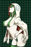  arizuka_(catacombe) breasts cleavage green_eyes green_hair hair_censor highres hood hoodie large_breasts long_hair navel no_pants open_clothes open_hoodie original panties sideboob solo striped striped_legwear striped_panties underwear 