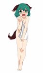  ameyu_(rapon) angry animal_ears bad_id bad_twitter_id barefoot blush covering covering_breasts covering_crotch fang full_body green_eyes green_hair kasodani_kyouko looking_at_viewer nude open_mouth short_hair simple_background solo sweatdrop tail touhou towel white_background 