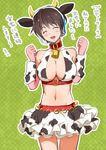  :d ^_^ animal_ears animal_print bell bell_collar blush breasts brown_hair closed_eyes collar cow_bell cow_ears cow_horns cow_print elbow_gloves gloves haruo_(kimidori) headset horns idolmaster idolmaster_cinderella_girls large_breasts navel oikawa_shizuku open_mouth partially_translated short_hair smile solo translation_request 