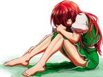  barefoot blue_eyes bruise chinese_clothes feet hong_meiling injury koyubi_(littlefinger1988) long_hair looking_at_viewer puffy_short_sleeves puffy_sleeves red_hair short_sleeves side_slit sitting smile solo tangzhuang thighs toes touhou 