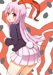 animal_ears blazer blush bunny_ears bunny_tail from_behind highres jacket komito long_hair looking_at_viewer looking_back pink_hair pleated_skirt red_eyes reisen_udongein_inaba skirt solo tail thighhighs touhou white_legwear zettai_ryouiki 