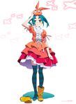  absurdres alternate_legwear aqua_eyes aqua_hair blush boot_removed boots dress feet highres looking_at_viewer monogatari_(series) ononoki_yotsugi rubber_boots single_boot socks solo striped striped_legwear thighhighs tsukimonogatari watanabe_akio yellow_footwear 