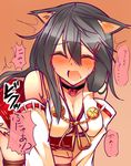  ^_^ all_fours animal_ears blush breasts cat_ears cat_tail choker cleavage closed_eyes detached_sleeves facing_viewer fang grey_hair hair_ornament hairclip haruna_(kantai_collection) highres kantai_collection kemonomimi_mode large_breasts long_hair nontraditional_miko open_mouth pleated_skirt sketch skirt solo sweat tail translation_request tsukui_kachou 