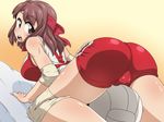  ass brown_eyes brown_hair elbow_pads from_behind girls_und_panzer headband kani_club knee_pads kondou_taeko looking_back open_mouth solo sportswear straddling volleyball volleyball_uniform 