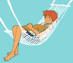  1girl animal animal_collar animal_hug aqua_background barefoot bike_shorts black_shorts brown_dog closed_eyes closed_mouth collar cowboy_bebop dark-skinned_female dark_skin dog edward_wong_hau_pepelu_tivrusky_iv ein_(cowboy_bebop) full_body hammock hand_on_animal highres holding holding_animal holding_dog lying nap on_back on_hammock red_collar red_hair shirt short_hair short_sleeves shorts simple_background sleeping solo tobalin toes tomboy welsh_corgi white_shirt 
