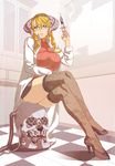  1girl artist_request blonde_hair breasts character_request glasses high_heels horns indoors labcoat large_breasts long_hair looking_at_viewer medical miniskirt patterned_legwear ribbed_sweater sitting skirt solo syringe the_seven_deadly_sins thighhighs 