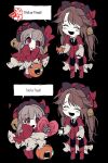  2girls bad_id bad_twitter_id bell black_background brown_hair candy closed_eyes coat dress employee_(project_moon) food hair_bell hair_ornament hat heart highres holding holding_candy holding_food holding_heart jajeon_liu laetitia_(e.g.o) laetitia_(project_moon) lobotomy_corporation long_hair low_twintails multiple_girls open_mouth pink_coat pink_dress pink_hat project_moon simple_background smile twintails 