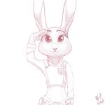  clothing disney female half-length_portrait judy_hopps lagomorph looking_at_viewer mammal monochrome police_uniform portrait rabbit red_and_white salute simple_background solo uniform w4g4 white_background zootopia 