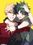  2boys arm_up arms_around_neck bakugou_katsuki belt black_pants blonde_hair blue_pants boku_no_hero_academia bracelet clenched_teeth collared_shirt commentary freckles green_hair green_shirt hand_in_another&#039;s_hair hegi jewelry knee_up lower_teeth_only male_focus midoriya_izuku multiple_boys one_eye_narrowed open_collar open_mouth orange_eyes pants red_shirt shirt simple_background teeth upper_body watch wristwatch yellow_background 