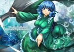  blue_eyes blue_hair breasts character_name head_fins japanese_clothes kimono large_breasts long_sleeves mermaid monster_girl obi sash smile solo touhou umigarasu_(kitsune1963) wakasagihime wide_sleeves 