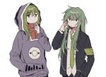  1boy 1girl black_jacket collared_shirt commentary cosplay costume_switch green_necktie headphones highres hood hood_up hoodie jacket kagerou_project keicorporationz kido_tsubomi kido_tsubomi_(cosplay) lobotomy_corporation look-alike looking_at_viewer necktie netzach_(project_moon) netzach_(project_moon)_(cosplay) project_moon purple_hoodie shirt white_shirt wing_collar 