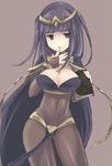  bad_id bad_pixiv_id bangs blunt_bangs bodysuit book breasts bridal_gauntlets cape circlet cleavage contrapposto covered_navel covered_nipples cowboy_shot finger_to_mouth fire_emblem fire_emblem:_kakusei grey_background hips holding holding_book large_breasts light_smile loincloth long_hair looking_at_viewer pelvic_curtain purple_eyes purple_hair simple_background sketch smile solo standing teu_(navy) tharja two_side_up 