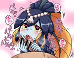  aruse_yuushi bangs bar_censor blue_skin censored fellatio fish_girl hair_ornament heart heart-shaped_pupils licking minette_(skullgirls) monster_girl oral penis pink_eyes scales shell skullgirls solo_focus sweat symbol-shaped_pupils yellow_sclera 