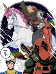  3boys beard blush bodysuit cable_(marvel) deadpool deadpool_&amp;_wolverine deadpool_(series) deadpool_2 facial_hair hairy highres horns hug katana marvel mechanical_arms multiple_boys muscular red_bodysuit red_mask rozaroza single_horn smile superhero_costume sword two-tone_bodysuit unicorn weapon wolverine_(x-men) x-men yellow_bodysuit 