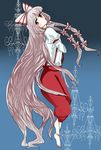  absurdly_long_hair armband bad_id bad_pixiv_id bangs barefoot blue_background blush bow collared_shirt expressionless fujiwara_no_mokou full_body gradient gradient_background grey_hair hair_bow highres long_hair long_sleeves looking_at_viewer looking_to_the_side puffy_long_sleeves puffy_sleeves red_eyes rog92 shirt solo sparkle sparkling_eyes suspenders toes touhou very_long_hair 