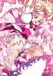  blonde_hair blush bow cure_flora go!_princess_precure green_eyes haruno_haruka kicking long_hair magical_girl multicolored_hair naruse_yasuhiro open_mouth petals pink_bow pink_hair precure solo two-tone_hair 