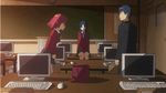  1boy 2girls angry animated animated_gif blue_hair desk kawashima_ami kushieda_minori long_hair lowres medium_hair multiple_girls red_eyes red_hair school_uniform short_hair skirt takasu_ryuuji toradora! 