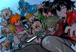  4girls 5boys amamiya_hibiya arms_up black_skirt black_thighhighs blue_jacket blue_shirt blush_stickers bow breasts brown_shorts ene_(kagerou_project) green_hair grey_pants grin hair_bow hand_up highres jacket kagerou_project kano_shuuya kido_tsubomi kisaragi_momo kisaragi_shintarou konoha_(kagerou_project) kozakura_marry long_hair medium_breasts multiple_boys multiple_girls open_mouth orange_hair pants pink_bow red_eyes red_jacket seto_kousuke sharp_teeth shirt shorts skirt smile sweat teeth thighhighs tonkatsu184 white_hair 