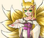  1girl animal_ears artist_request bare_shoulders blonde_hair fan female foreshortening green_eyes hair_ornament hand_on_hip hashimoto_(soukidann2010) japanese_clothes long_hair mon-musu_quest! monster_girl multiple_tails open_mouth shoulders solo tail tamamo_(mon-musu_quest!) tattoo 