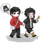  2boys animal_ears bag bandaged_leg bandaged_neck bandages black_eyes black_footwear black_hair black_jacket black_pants cat_boy cat_ears chinese_commentary closed_eyes closed_mouth coin coin_on_string collared_shirt commentary_request deformed earrings expressionless facial_tattoo grin high_collar highres holding_hands holding_ofuda holed_coin image_in_thought_bubble jacket jewelry jitome li_yuting_(male) long_sleeves male_focus messenger_bag mole mole_under_each_eye mole_under_eye multiple_boys multiple_moles necklace open_clothes open_collar open_jacket pants red_jacket shirt short_hair shoulder_bag simple_background smile tattoo thought_bubble touqi_guaitan walking white_background white_bag white_shirt youyushi 