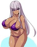  bikini breasts cleavage dark_skin huge_breasts long_hair looking_at_viewer nanakorobi_yaoki navel original purple_bikini purple_eyes silver_hair simple_background solo swimsuit thighs very_long_hair white_background 