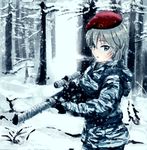  anastasia_(idolmaster) beret blue_eyes butaneko camouflage gun hat idolmaster idolmaster_cinderella_girls military military_uniform rifle short_hair silver_hair sniper_rifle snow solo uniform vss_vintorez weapon 