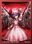  aqua-lia artist_name bat bat_wings blood border frills glowing glowing_eye hat hat_ribbon lavender_hair looking_at_viewer mob_cap open_mouth puffy_sleeves red_border red_eyes remilia_scarlet ribbon sash shirt short_hair short_sleeves skirt skirt_set skull smile solo text_focus touhou wings wrist_cuffs 