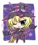  1girl ;d bad_id bad_pixiv_id bird blonde_hair broom chibi deathsmiles fingerless_gloves gloves green_eyes hat holding looking_at_viewer noai_nioshi one_eye_closed open_mouth pointing pointing_at_viewer sakura_(deathsmiles) short_hair smile v-shaped_eyebrows witch_hat 