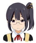  asagiri_shiori black_hair commentary_request glasses hair_ornament hair_stick purple_eyes school_uniform side_ponytail solo tamako_market tsutagi 