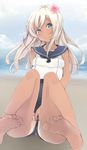  amai_nekuta bare_legs bare_shoulders barefoot blonde_hair blue_eyes feet highres kantai_collection lifebuoy long_hair partially_visible_vulva pov_feet ro-500_(kantai_collection) school_swimsuit smile soles solo swimsuit swimsuit_under_clothes tan tanline 
