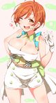  ;d ahoge areola_slip areolae bare_shoulders breasts brown_eyes clearite earrings gloves h-a-j-i-m-a-r-i-u-t-a-!! hand_on_hip harumi_sawara highres jewelry large_breasts looking_at_viewer midriff ok_sign one_eye_closed open_mouth orange_hair short_hair skirt smile solo tokyo_7th_sisters 