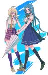  2girls ahoge akamatsu_kaede bare_akr black_socks blonde_hair blue_eyes blue_hair blue_skirt bottle breasts collared_shirt danganronpa_(series) danganronpa_v3:_killing_harmony full_body glasses hair_ornament high-waist_skirt highres holding holding_bottle holding_umbrella kneehighs large_breasts long_hair long_skirt looking_to_the_side multiple_girls musical_note musical_note_hair_ornament musical_staff_print necktie orange_necktie pink_skirt pleated_skirt protected_link purple_eyes purple_socks shirogane_tsumugi shirt simple_background skirt socks staff_(music) sweat umbrella very_long_hair white_umbrella 