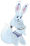  anthro big_breasts blue_eyes blush breasts clothed clothing covering covering_breasts covering_self crossed_arms elpatrixf female fishnet fishnet_legwear fur hair kriyu lagomorph legwear long_hair mammal navel open_mouth rabbit simple_background topless whiskers white_fur 